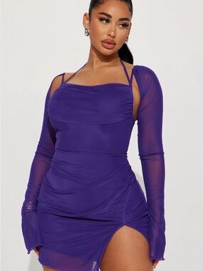 Fashion Nova Royal Purple Mesh Sleeve Mini Dress